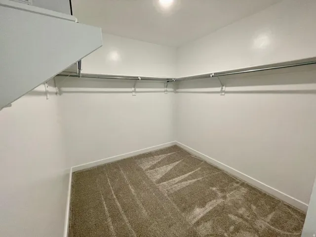Walk-in closet featuring light-toned carpeting, white walls, white baseboards, and built-in metal hanging rods