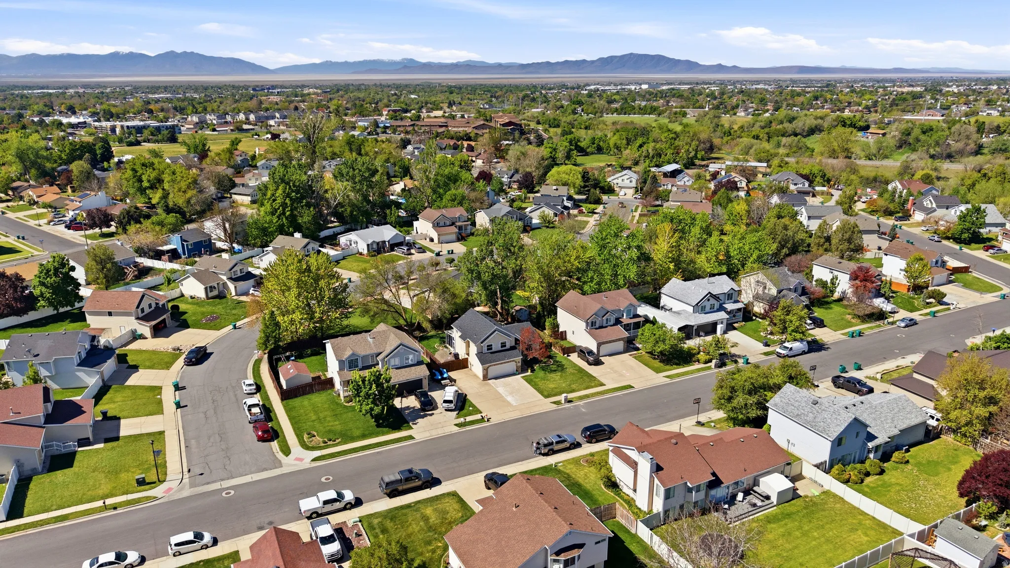 Aerial perspective showcasing a residential neighborhood with varied architectural styles and mature landscaping