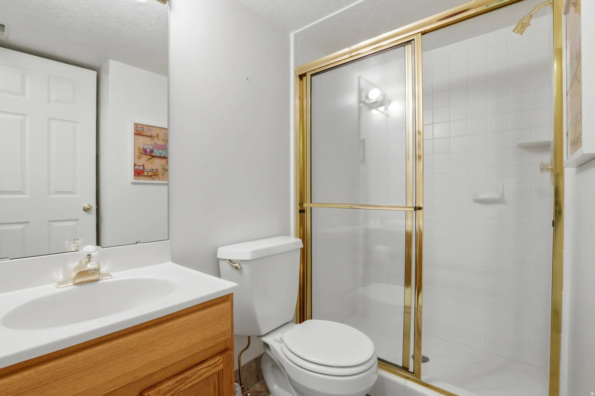 Basement Bathroom featuring a single vanity with wood-finish cabinetry, a white countertop, and an integrated sink
