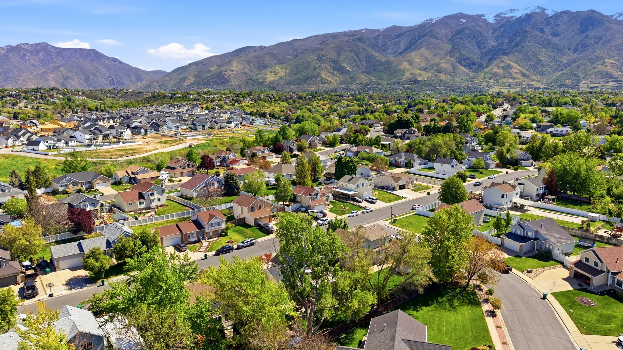Residential neighborhood setting with established homes, mature trees, and street parking