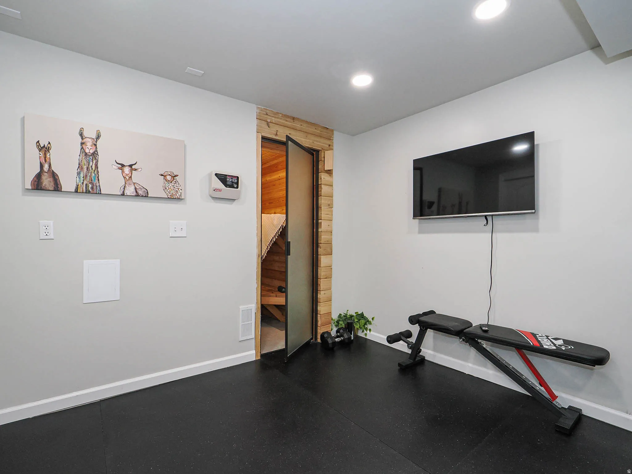 Newer Exercise Room for a Great Workout, a Television Wall-Mount and Durable Flooring All Near Your Relaxing Sauna...AHHHH!!!