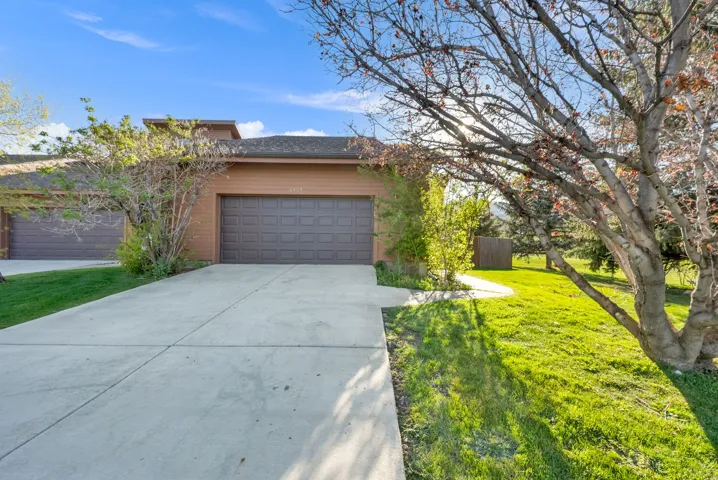 Single-story residence featuring a two-car garage with a paneled door, concrete driveway, and a light brown exterior