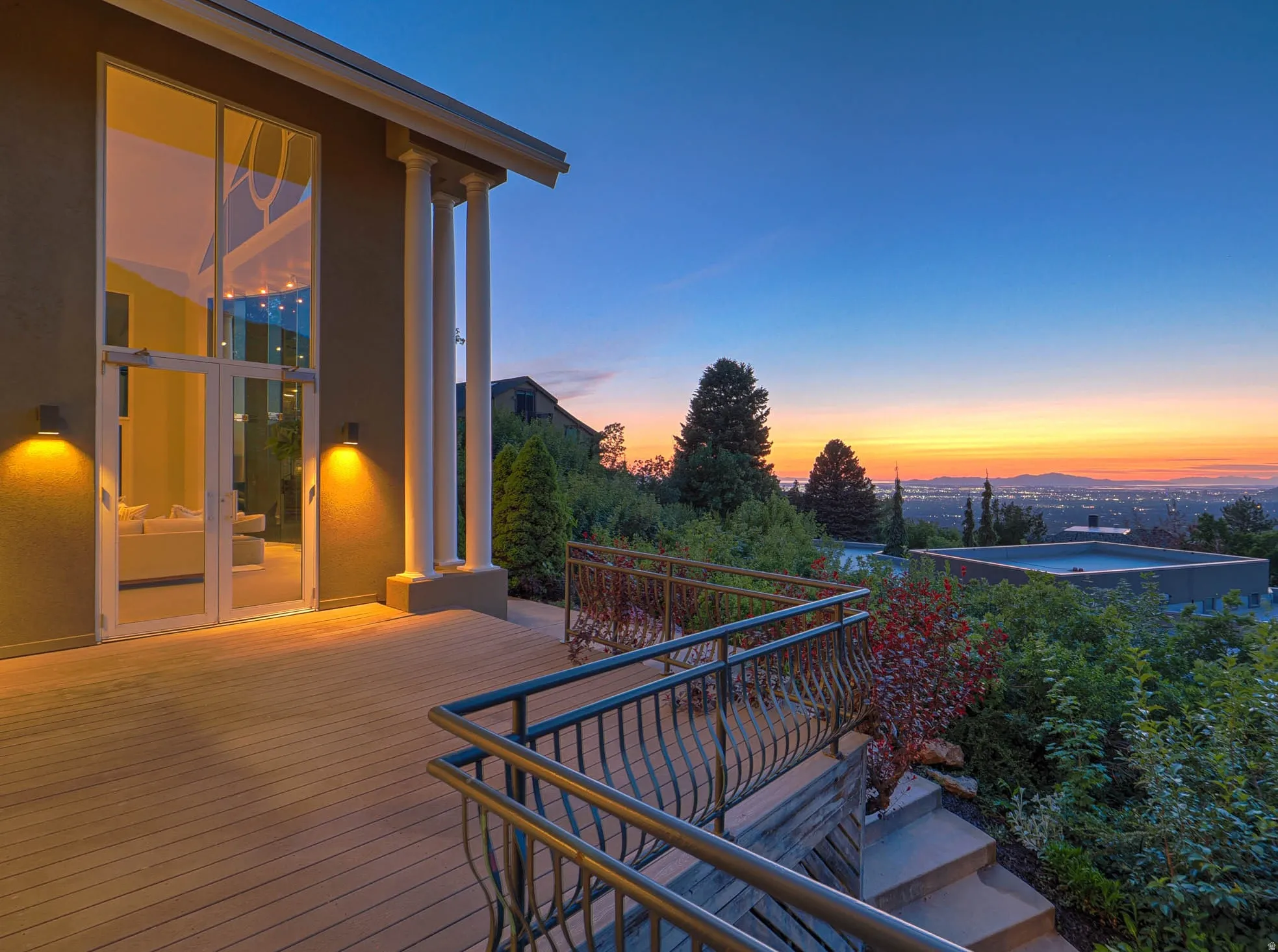 Expansive outdoor deck with composite wood-finish flooring