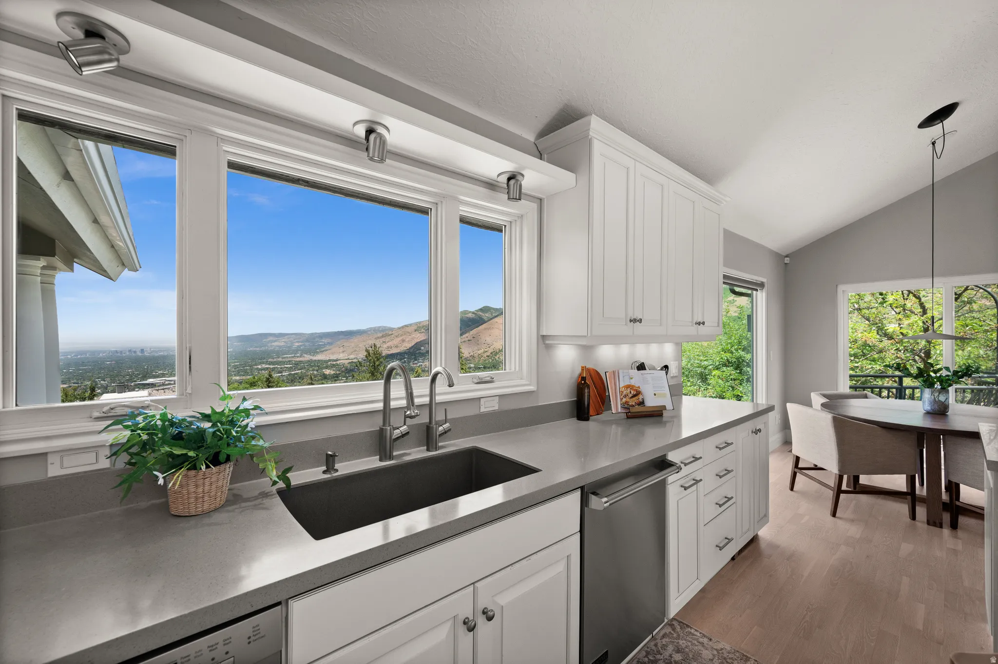 Modern kitchen with white cabinetry, stainless steel dishwasher, and a deep basin sink