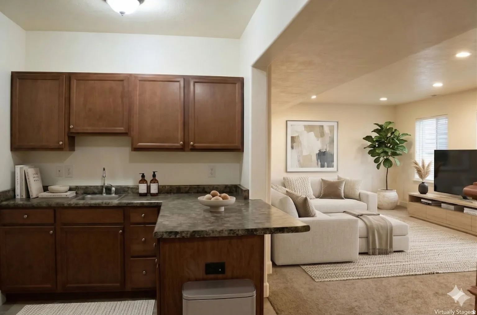 Kitchen area and spacious living room