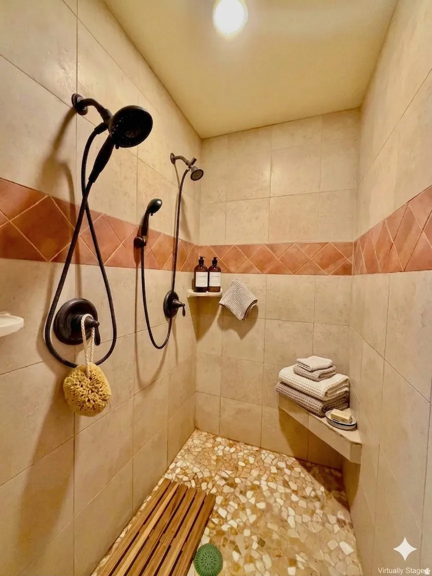 Master bathroom walk in shower with double shower heads