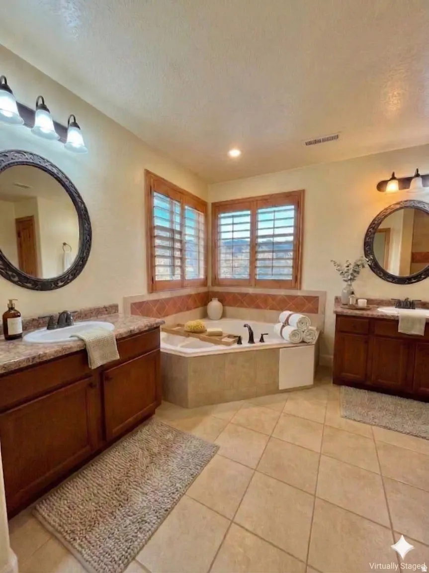 Master bathroom with dual split vanities and huge soaker jetted tub