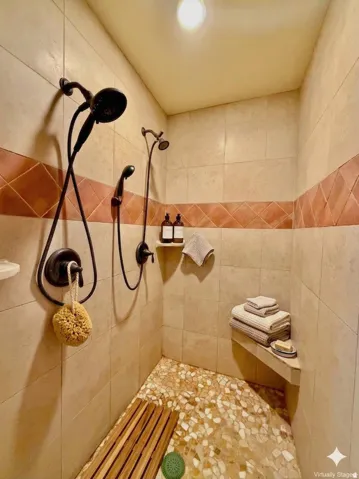 Master bathroom walk in shower with double shower heads
