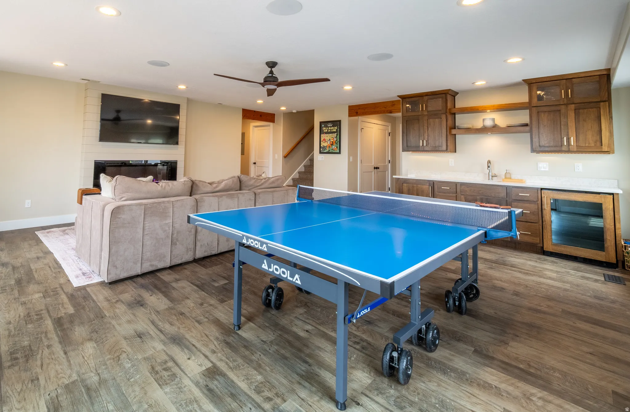 Downstairs family room with kitchenette