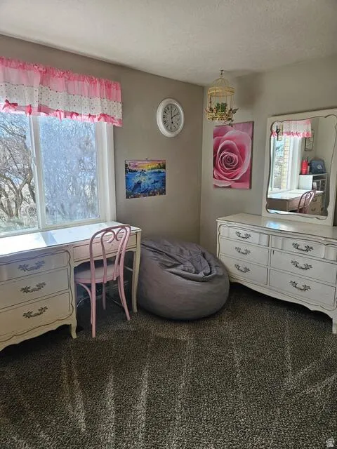 Bedroom featuring a large window, neutral wall paint, and gray carpet flooring