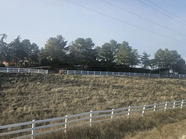 Sloping terrain featuring a white multi-rail fence, mature trees, and a utility building
