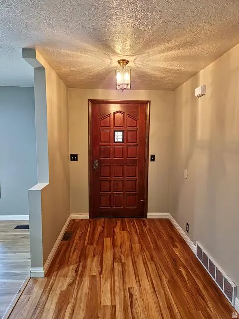 Entryway featuring rich wood-finish flooring, a paneled wood entry door with a small gridded window, neutral wall tones, and a decorative ceiling-mounted light fixture
