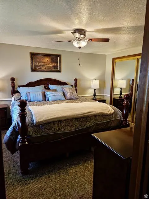 Carpeted bedroom featuring a ceiling fan with integrated lighting, mirrored closet doors with a gold-toned frame, and a dark wood-finish bed frame