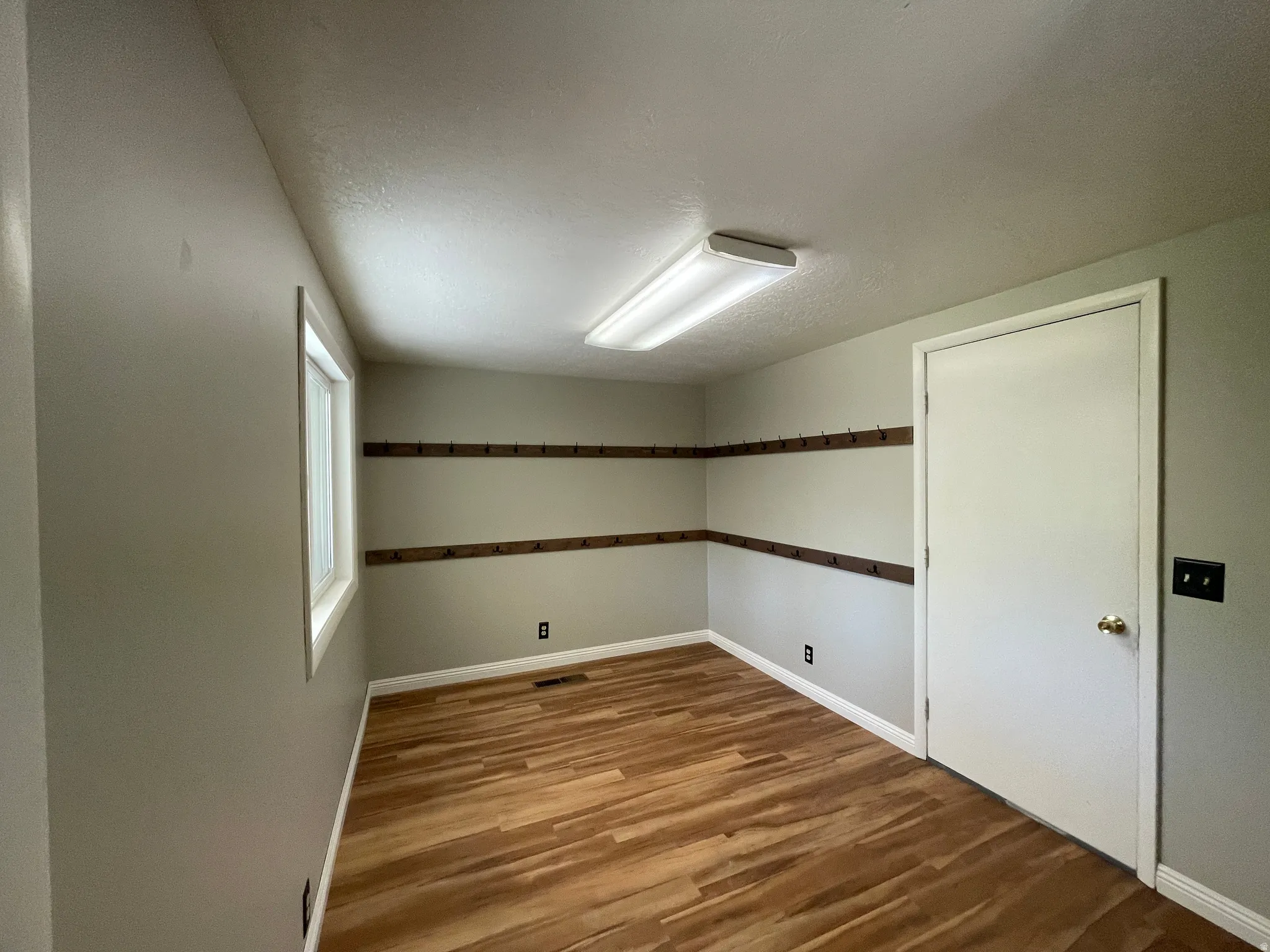 Room featuring wood-finish flooring, a white window frame, a white interior door, two rows of wooden wall hooks, and a ceiling-mounted fluorescent light fixture