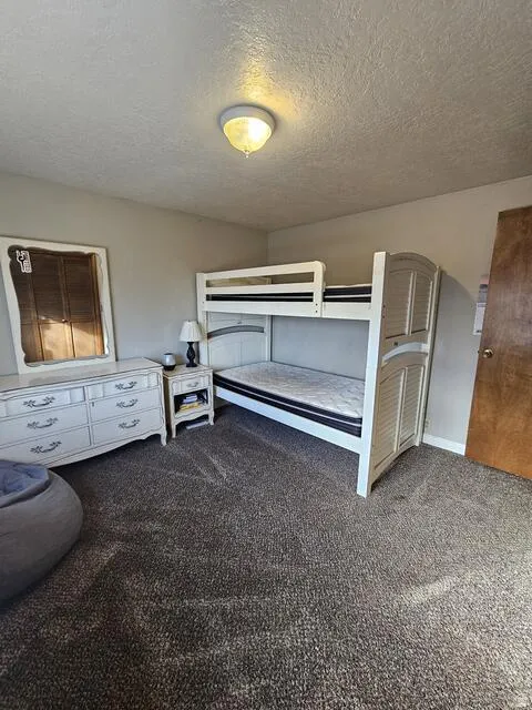 Room with textured gray wall-to-wall carpeting and neutral painted walls