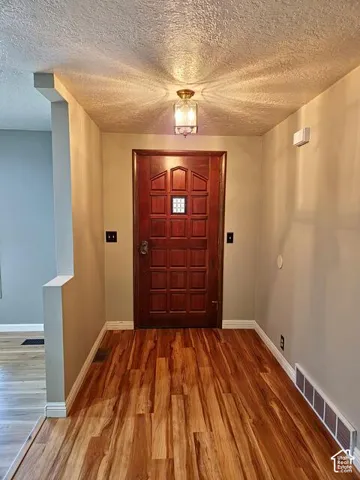 Entryway featuring rich wood-finish flooring, a paneled wood entry door with a small gridded window, neutral wall tones, and a decorative ceiling-mounted light fixture