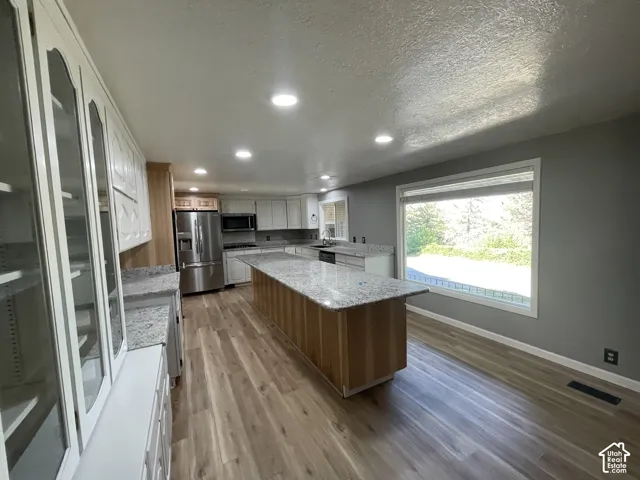 Spacious kitchen featuring an extended island with a light-toned wood finish, granite-style countertops, stainless steel appliances, recessed lighting, and wood-finish flooring