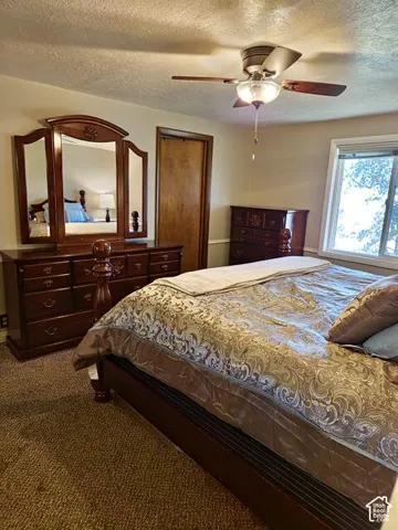 Bedroom featuring textured carpeting and a light-colored ceiling