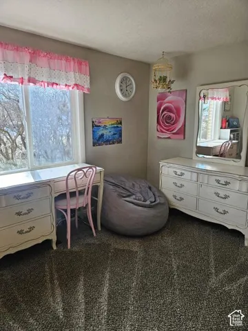 Bedroom featuring a large window, neutral wall paint, and gray carpet flooring