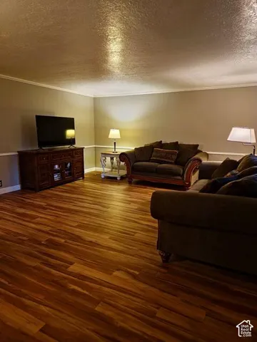 Spacious room featuring wood-finish flooring, neutral-toned walls, and white crown molding