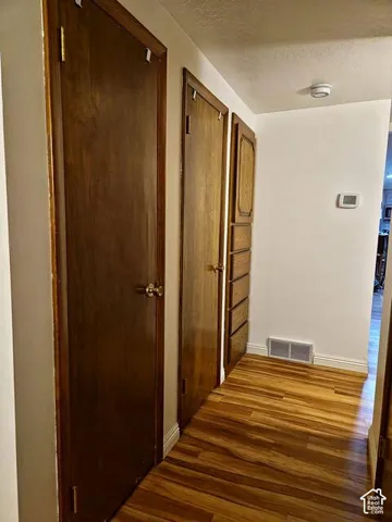 Hallway with wood-finish flooring and multiple built-in storage options