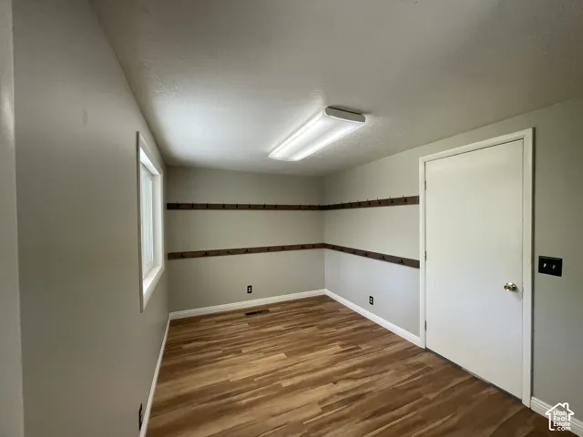 Room featuring wood-finish flooring, a white window frame, a white interior door, two rows of wooden wall hooks, and a ceiling-mounted fluorescent light fixture