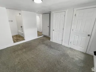 Carpeted room featuring white paneled doors with chrome hardware and a partial view of a bathroom with wood-finish flooring and a white bathtub
