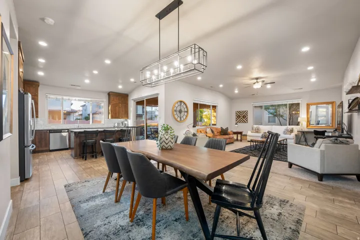 Dining room featuring recessed lighting, a ceiling fan, and light wood-type flooring