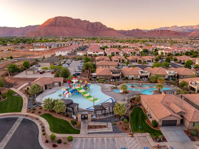 Aerial view of residential area with a mountain backdrop