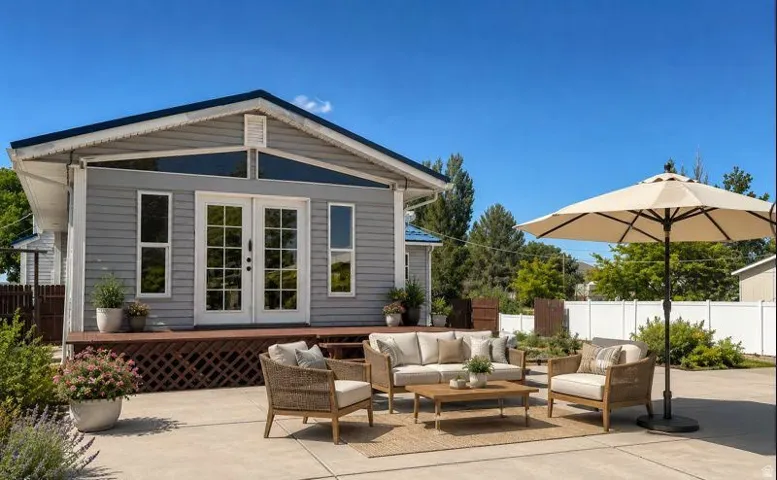 Exterior featuring gray siding, white-trimmed French doors, a dark wood-finish deck, concrete patio, and white privacy fencing