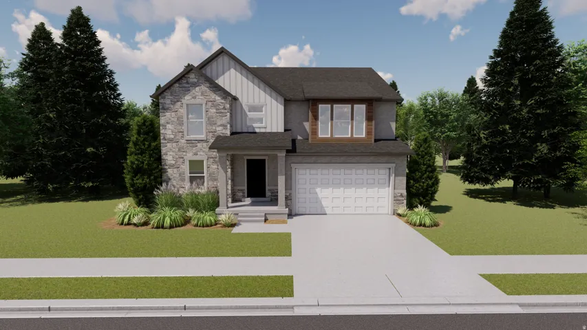 Two-story residence featuring a stone and siding facade, covered entry porch, dark shingle roof, and an attached two-car garage