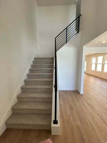 Carpeted staircase with modern black horizontal bar railing, wood-finish flooring, and recessed lighting