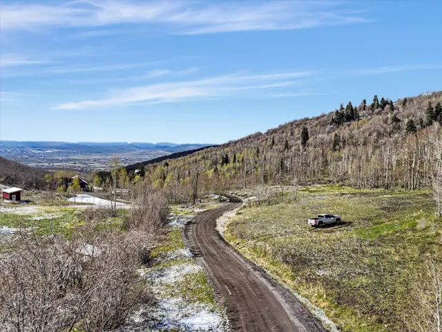 Expansive mountain property featuring a winding dirt road, diverse tree coverage on the hillside, and distant valley scenery