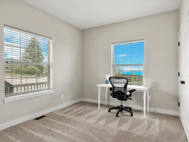 Neutral-toned room with plush carpeting, two windows featuring horizontal blinds, and white trim