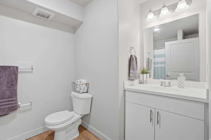 Bathroom featuring a white vanity with integrated sink, a large wall-mounted mirror, brushed nickel hardware, and wood-finish flooring