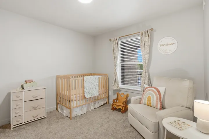 Carpeted room with light gray walls, a window with horizontal blinds and decorative curtains, and a ceiling-mounted light fixture
