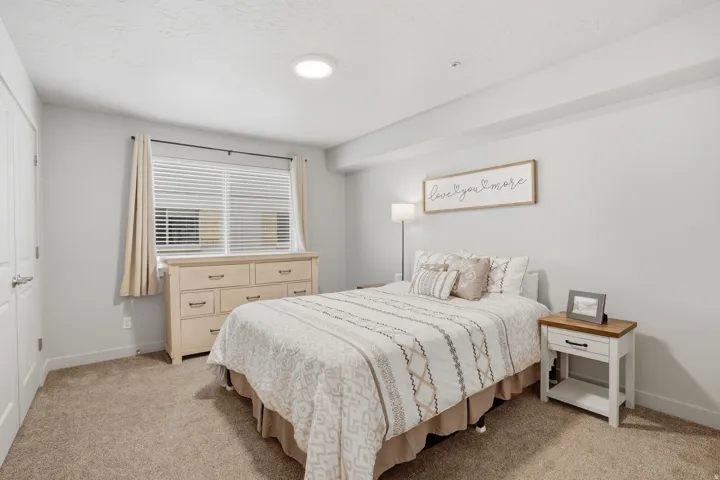 Carpeted room featuring a window with horizontal blinds and drapes, a flush-mount ceiling light, and light gray wall paint
