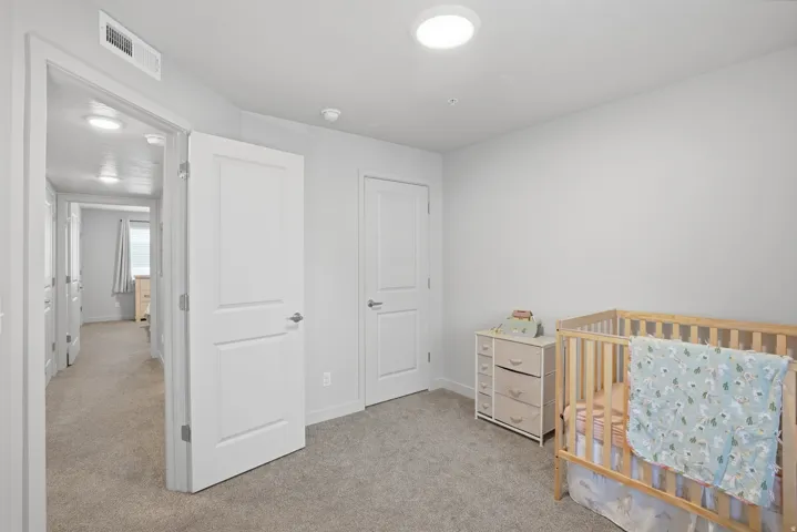 Neutral gray carpeted room with white walls, featuring a white door with a silver handle, a second white door, and a flush-mount ceiling light fixture