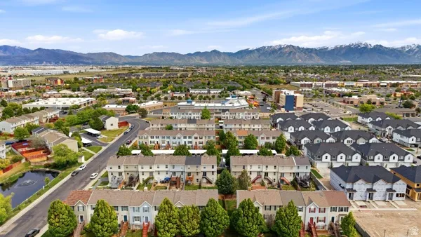 Expansive aerial perspective showcasing a residential community with diverse housing styles