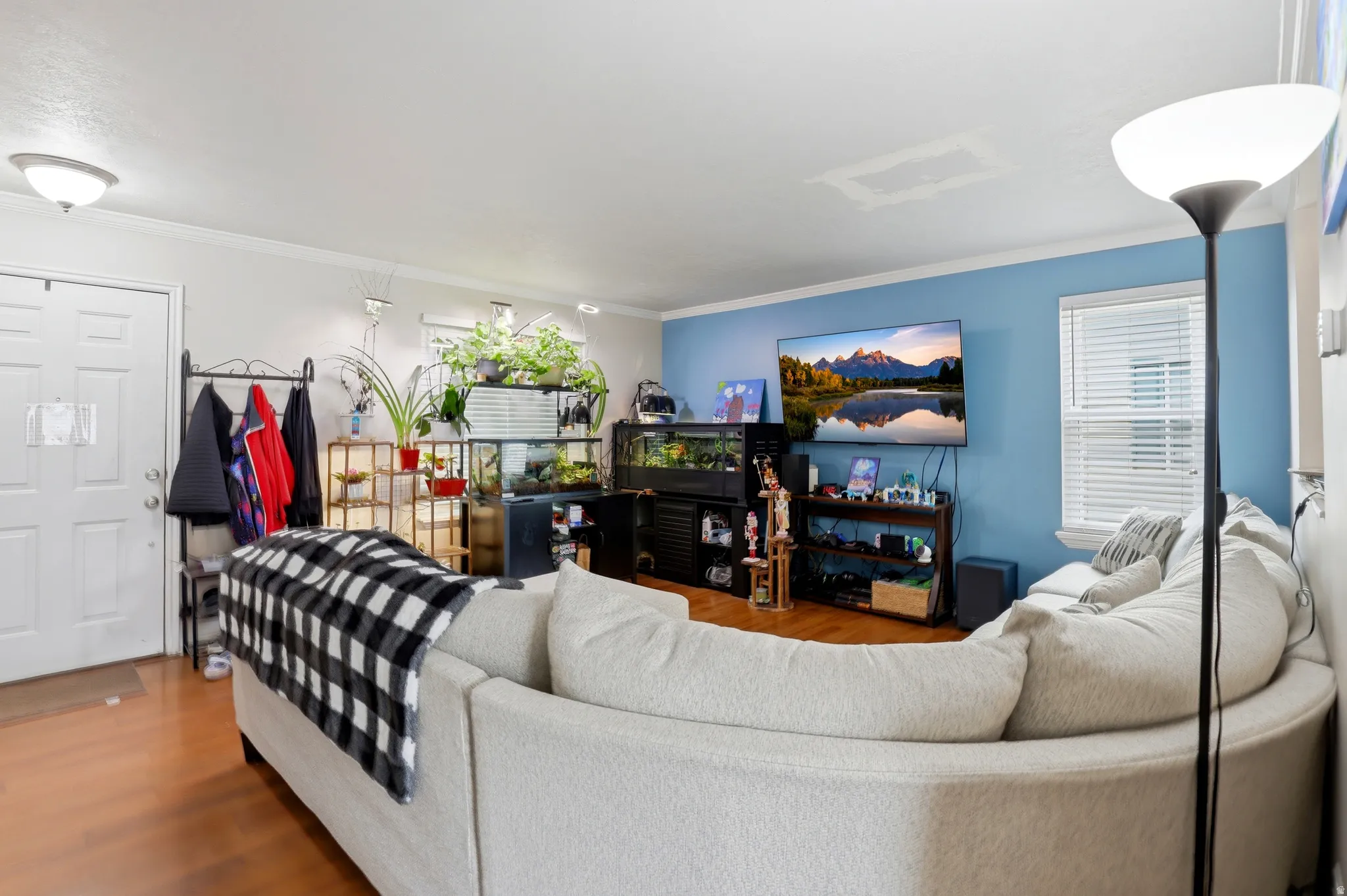 Laminate wood-finish flooring extends throughout this room, featuring a white paneled entry door with chrome hardware, a single-pane window with white blinds, and a built-in recessed ceiling light fixture