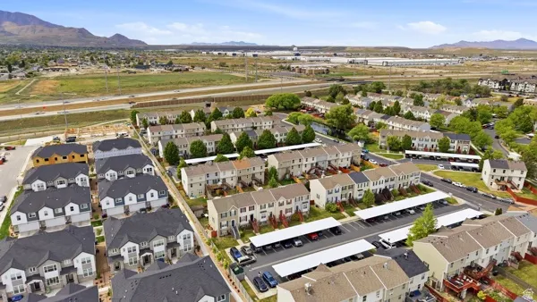 Aerial perspective showcasing a community of townhome-style residences