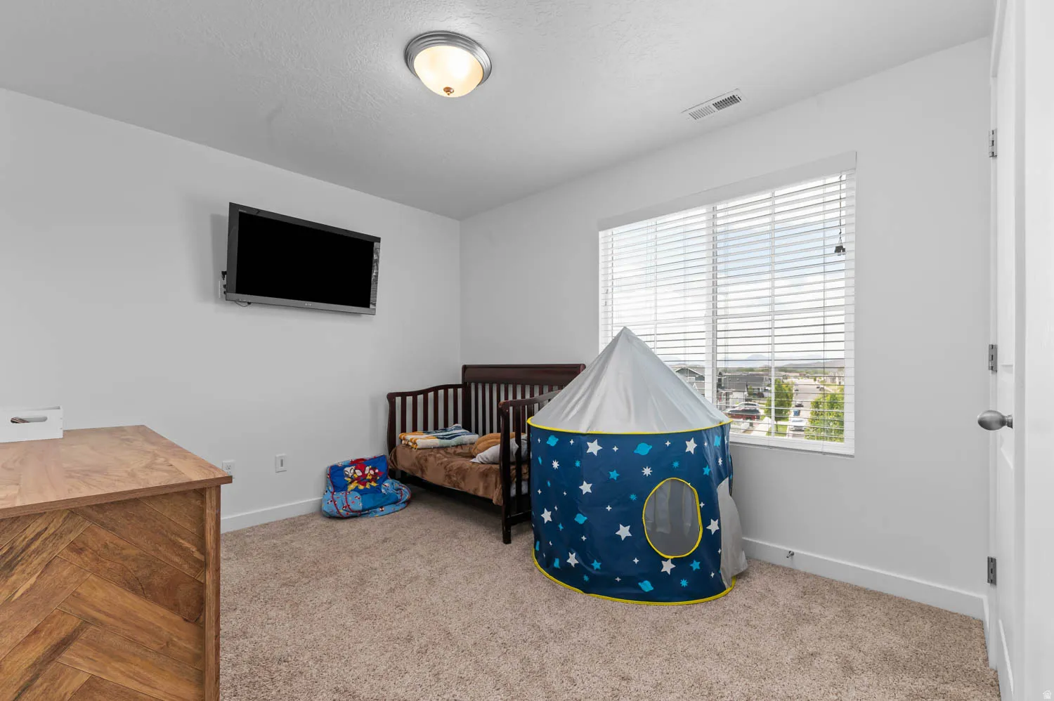 Carpeted room featuring a large window with blinds, white walls, and a ceiling-mounted light fixture