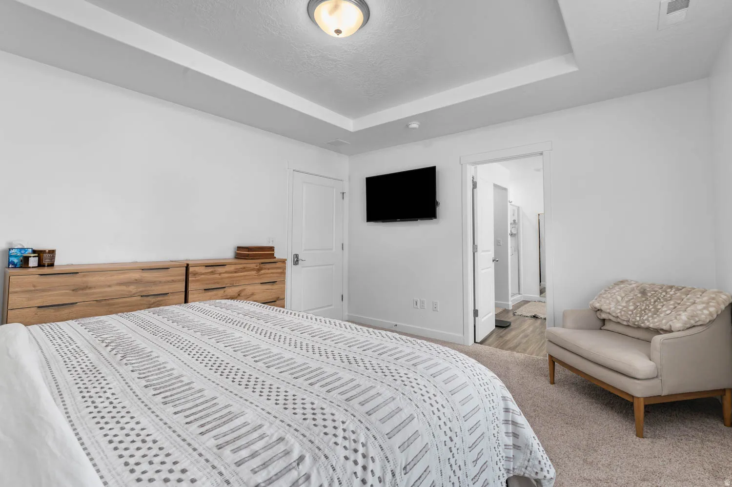 Recessed ceiling detail, plush carpeting, and light-toned walls