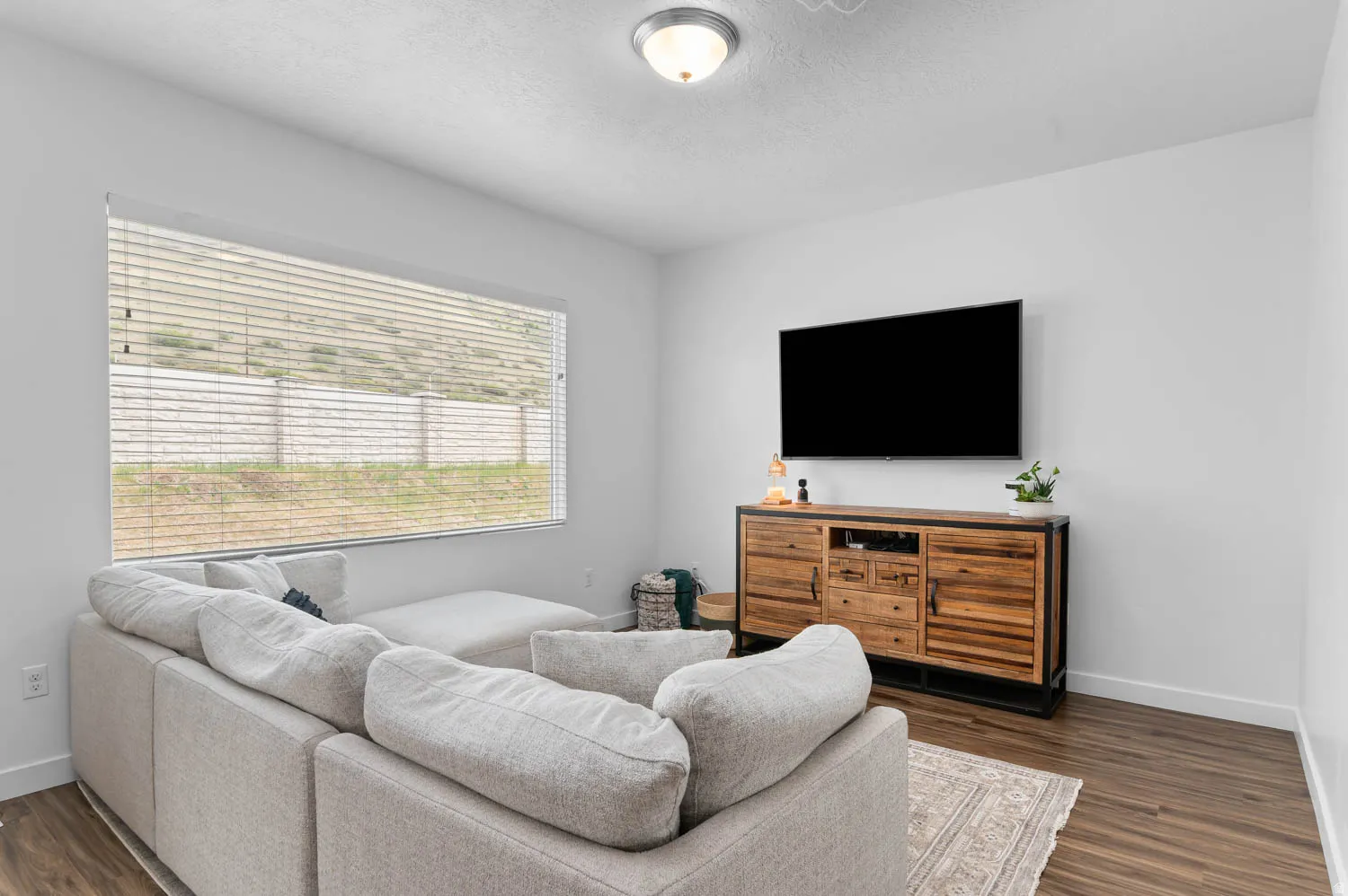 Bright interior space featuring a wide window with horizontal blinds, wood-finish flooring, and a flush-mount ceiling light fixture