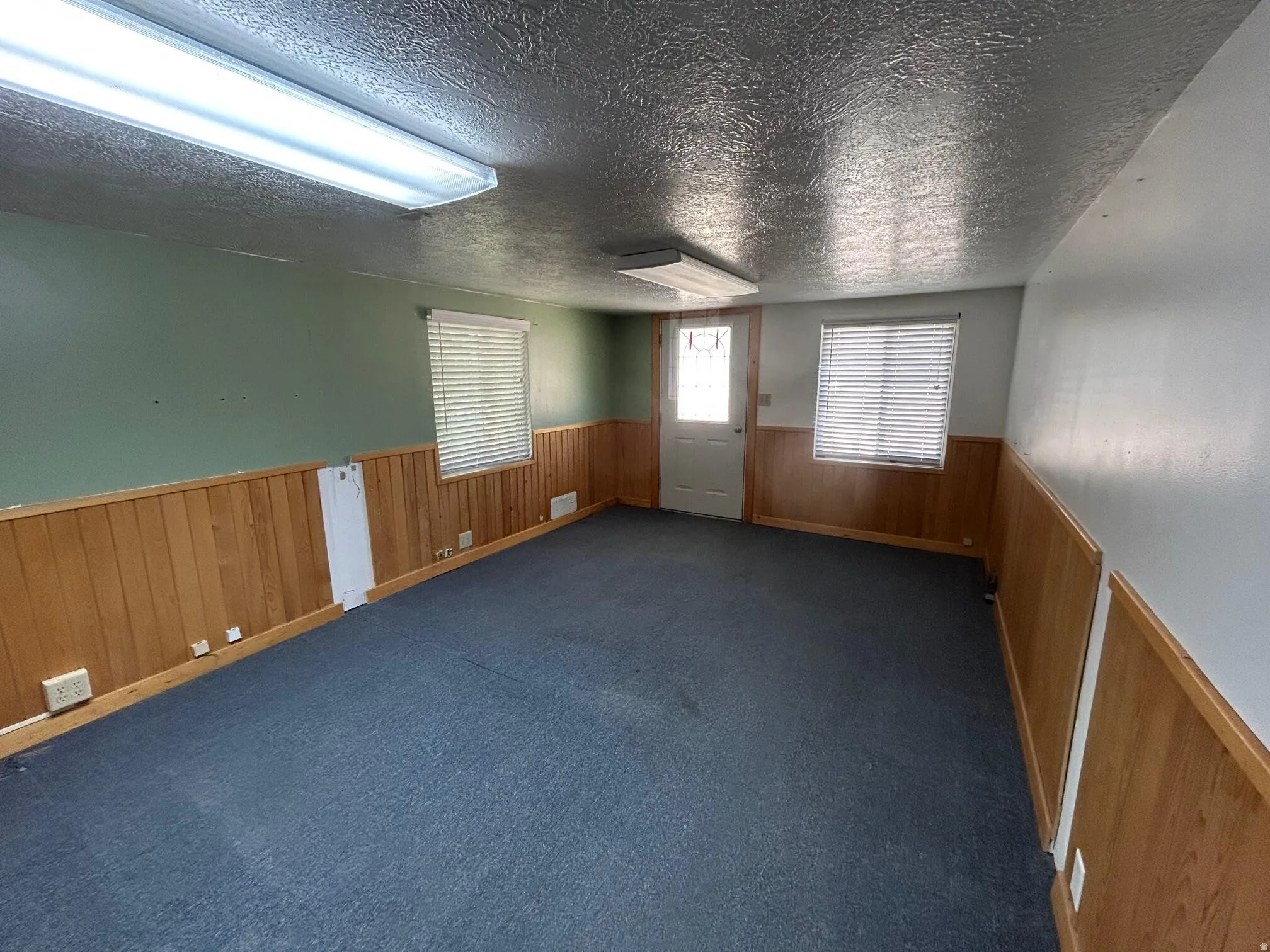 Spacious room featuring blue carpeting, light wood paneling, multiple windows with blinds, a white entry door, and overhead fluorescent lighting