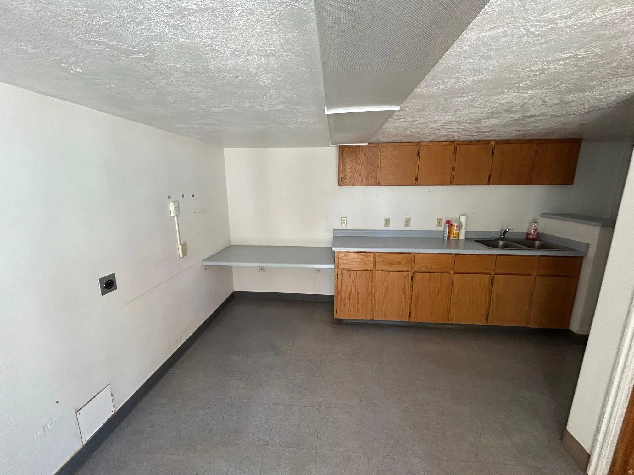 Dedicated utility area featuring a double basin sink, ample wood cabinetry, and a grey laminate countertop