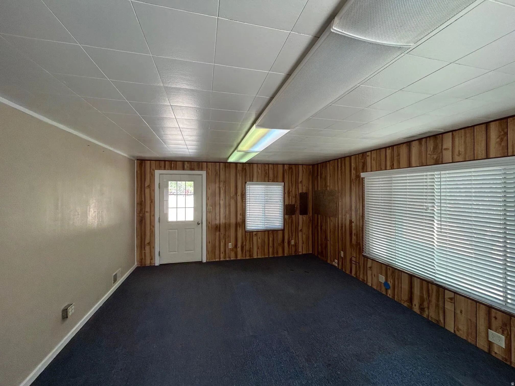 Room with wood-panel accent walls, textured beige walls, and blue carpet flooring