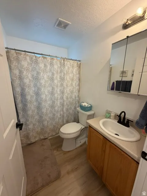 Bathroom featuring wood-finish flooring, a single vanity with a solid surface countertop, an integrated sink, and a mirrored medicine cabinet