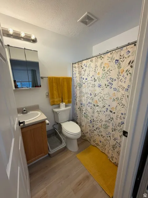 Full bathroom featuring light wood-finish flooring, a single vanity with a white basin sink, a wall-mounted medicine cabinet, and a shower with a curtain rod