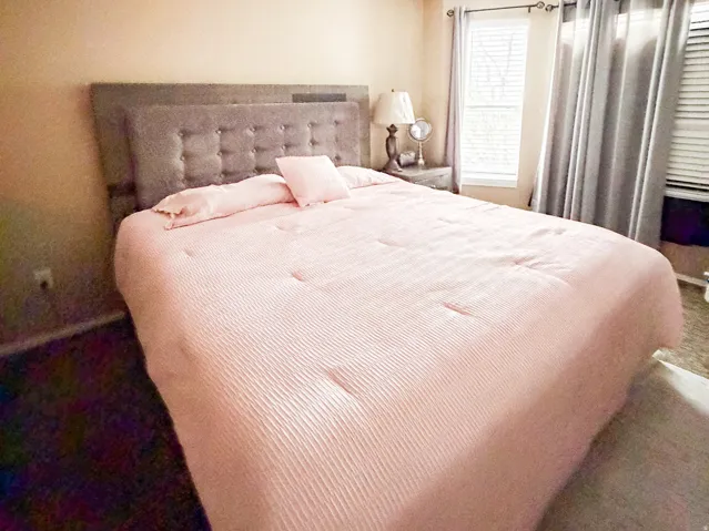 Carpeted room with a ceiling-mounted light fixture, neutral-toned walls, and window treatments including blinds and drapery panels